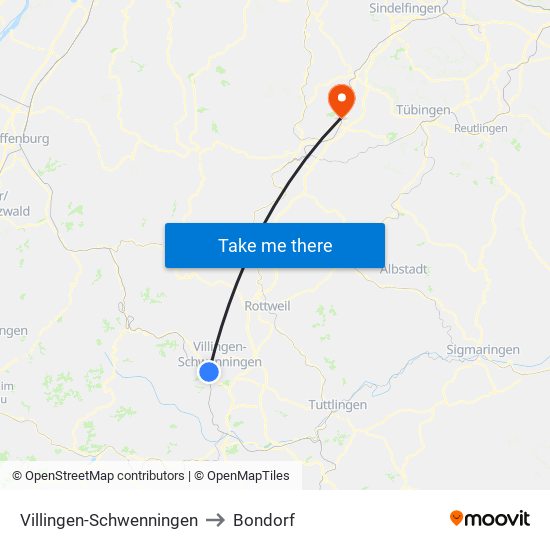 Villingen-Schwenningen to Bondorf map