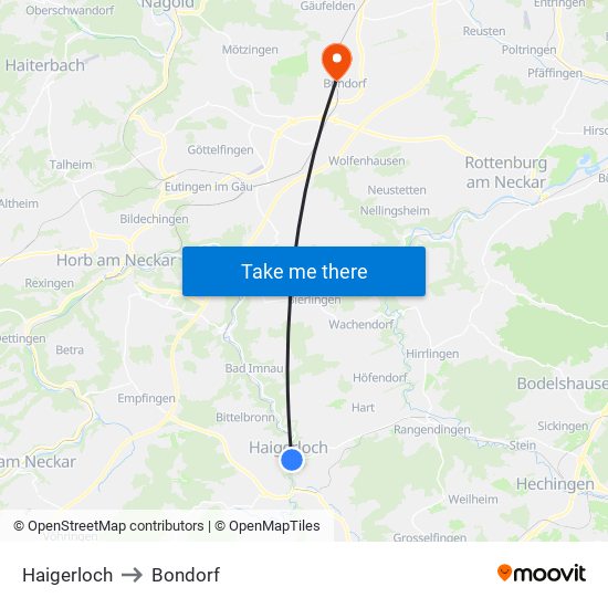 Haigerloch to Bondorf map