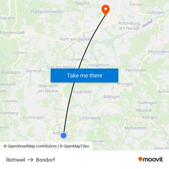 Rottweil to Bondorf map