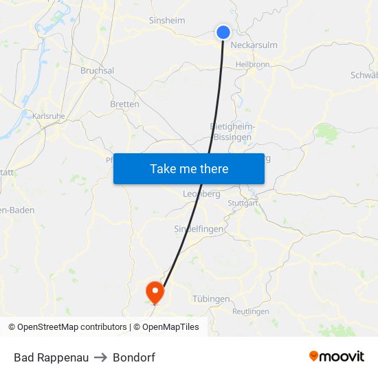 Bad Rappenau to Bondorf map