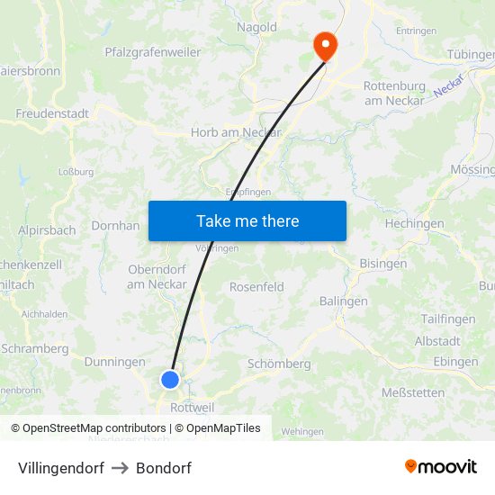 Villingendorf to Bondorf map