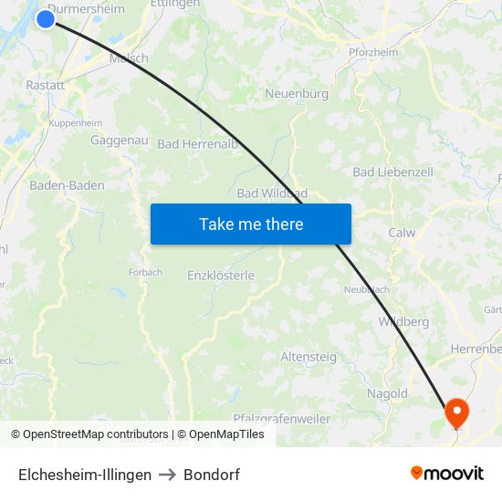 Elchesheim-Illingen to Bondorf map