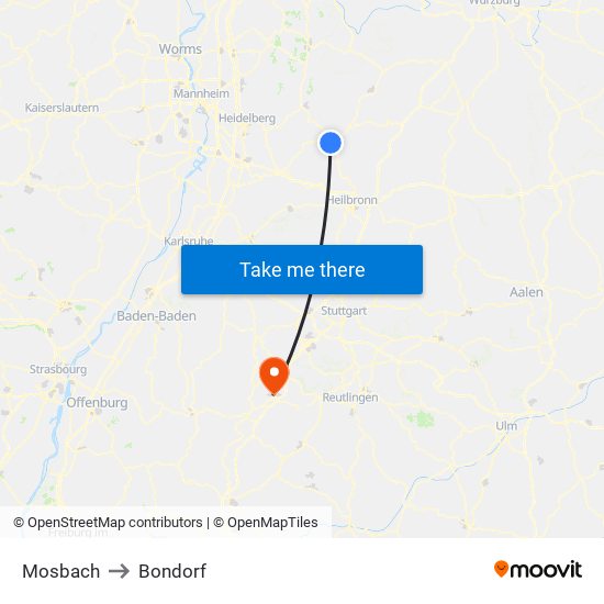 Mosbach to Bondorf map