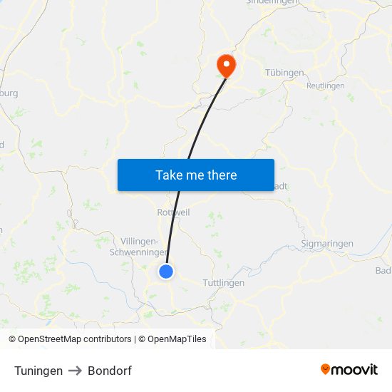 Tuningen to Bondorf map