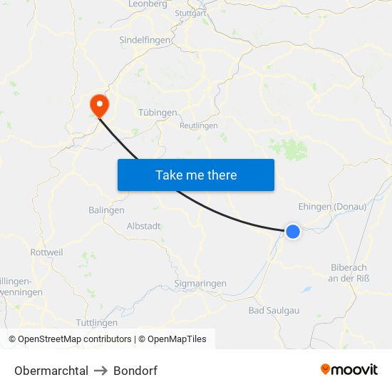 Obermarchtal to Bondorf map