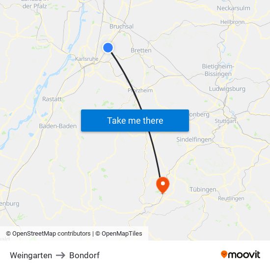 Weingarten to Bondorf map