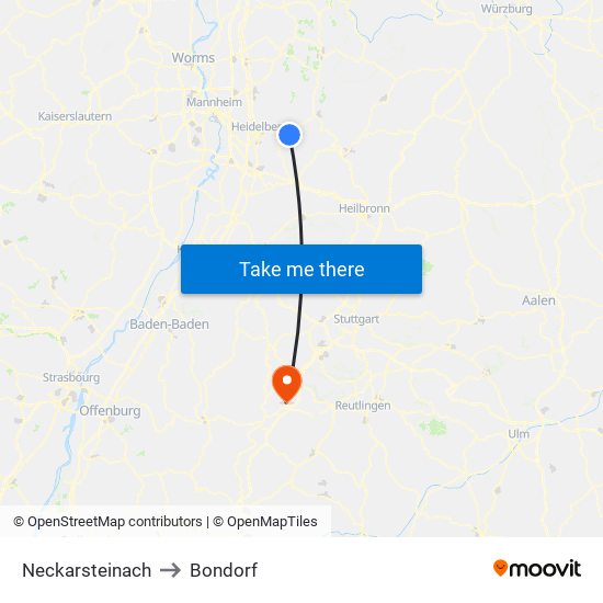 Neckarsteinach to Bondorf map