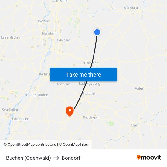 Buchen (Odenwald) to Bondorf map