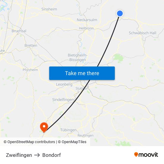 Zweiflingen to Bondorf map