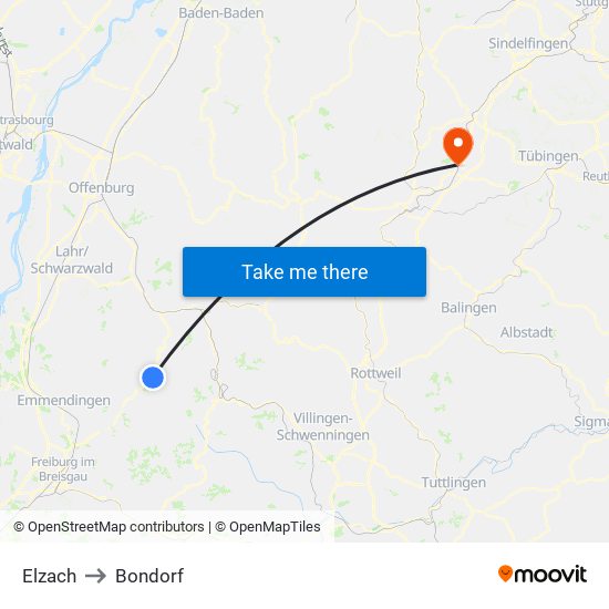 Elzach to Bondorf map
