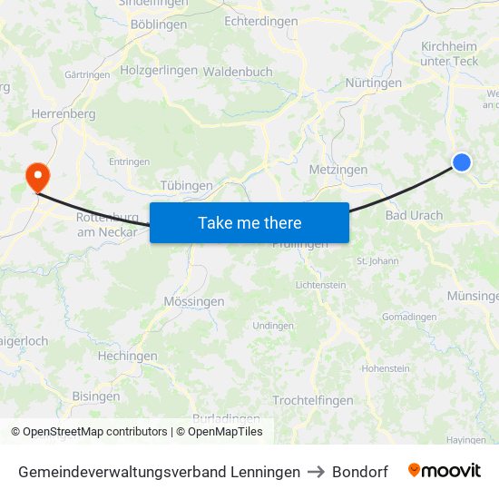 Gemeindeverwaltungsverband Lenningen to Bondorf map