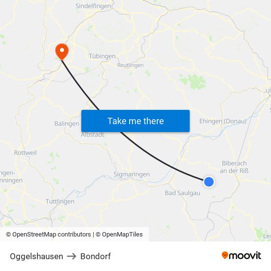 Oggelshausen to Bondorf map