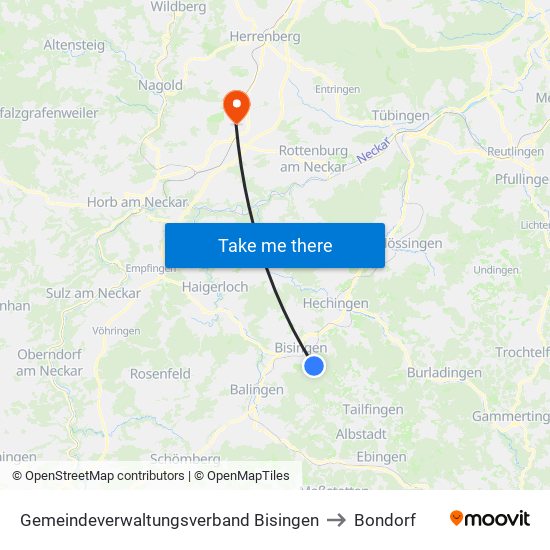 Gemeindeverwaltungsverband Bisingen to Bondorf map