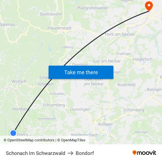 Schonach Im Schwarzwald to Bondorf map