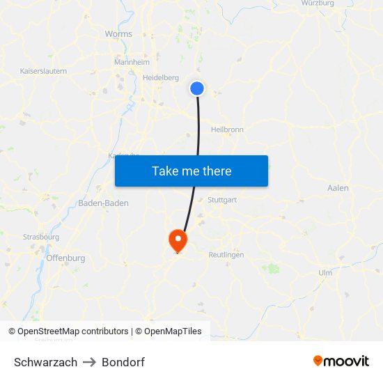 Schwarzach to Bondorf map