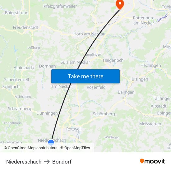 Niedereschach to Bondorf map