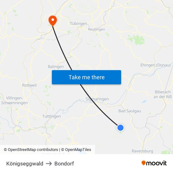 Königseggwald to Bondorf map