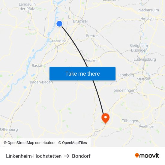 Linkenheim-Hochstetten to Bondorf map