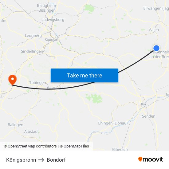 Königsbronn to Bondorf map