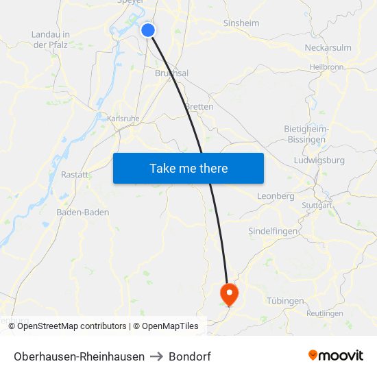 Oberhausen-Rheinhausen to Bondorf map