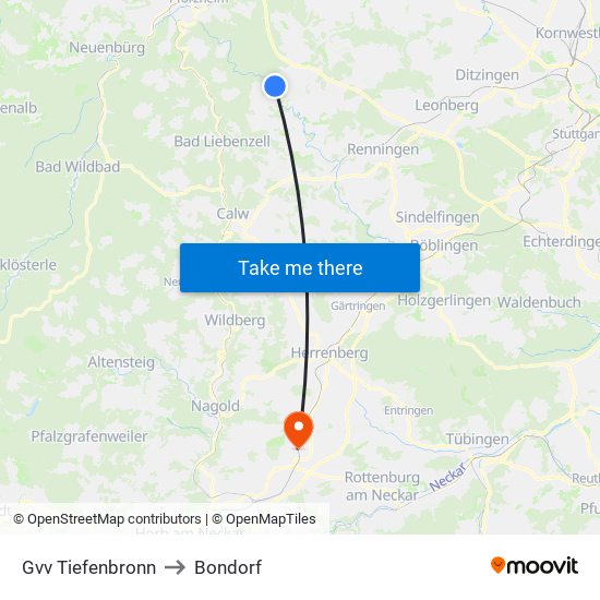 Gvv Tiefenbronn to Bondorf map
