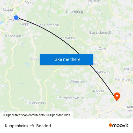 Kuppenheim to Bondorf map