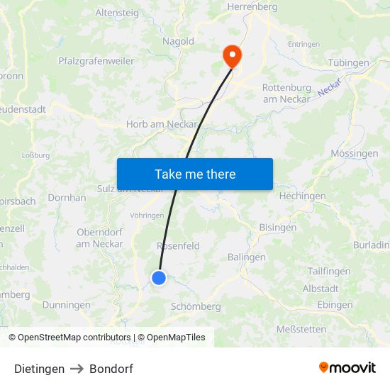 Dietingen to Bondorf map