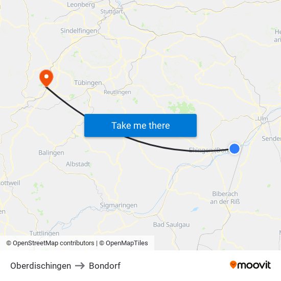 Oberdischingen to Bondorf map