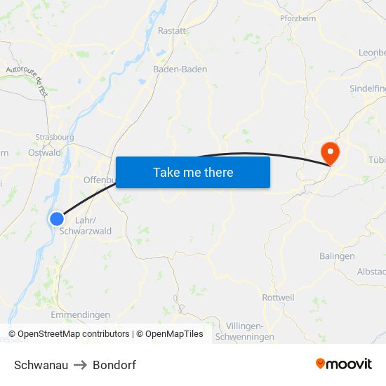 Schwanau to Bondorf map