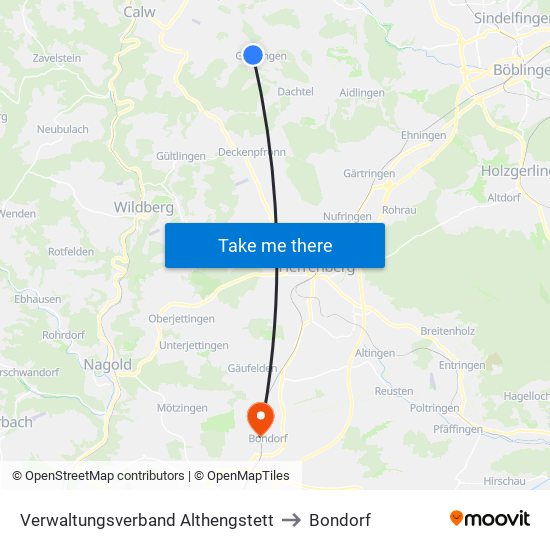 Verwaltungsverband Althengstett to Bondorf map