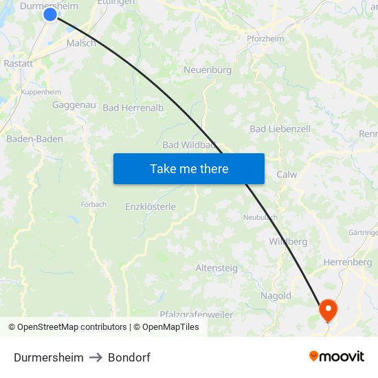 Durmersheim to Bondorf map