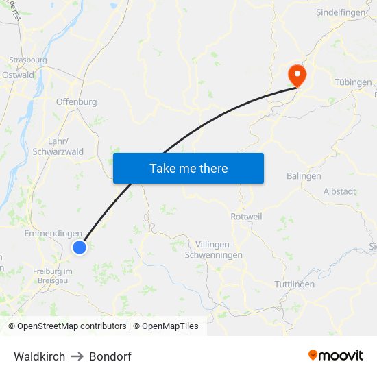 Waldkirch to Bondorf map