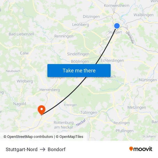 Stuttgart-Nord to Bondorf map