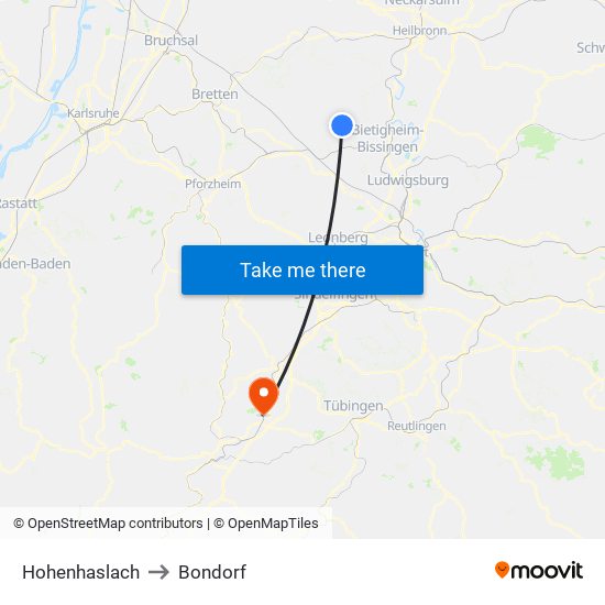 Hohenhaslach to Bondorf map