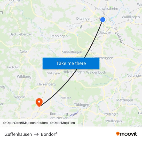 Zuffenhausen to Bondorf map