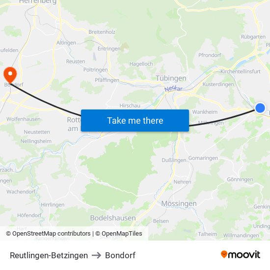 Reutlingen-Betzingen to Bondorf map