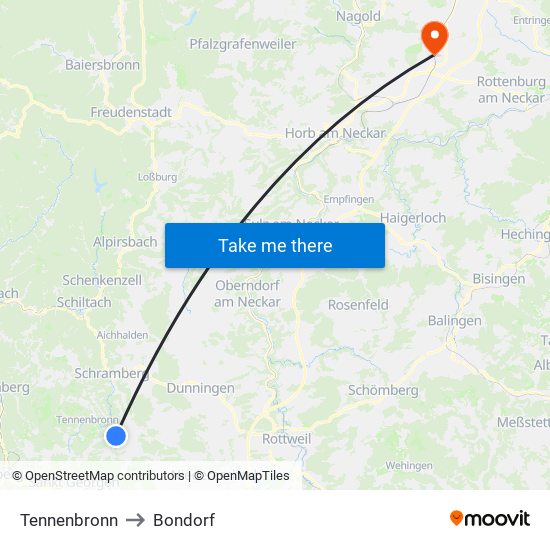 Tennenbronn to Bondorf map