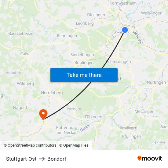 Stuttgart-Ost to Bondorf map