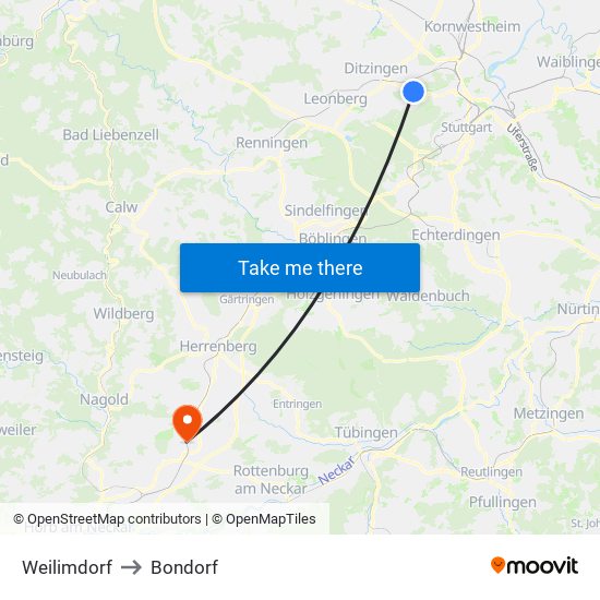 Weilimdorf to Bondorf map