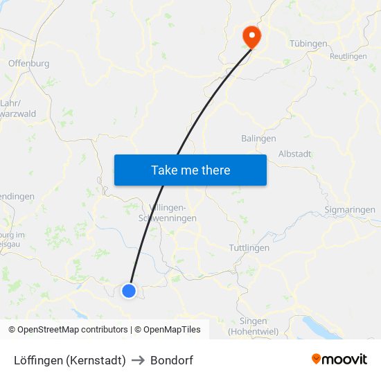 Löffingen (Kernstadt) to Bondorf map