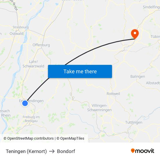 Teningen (Kernort) to Bondorf map