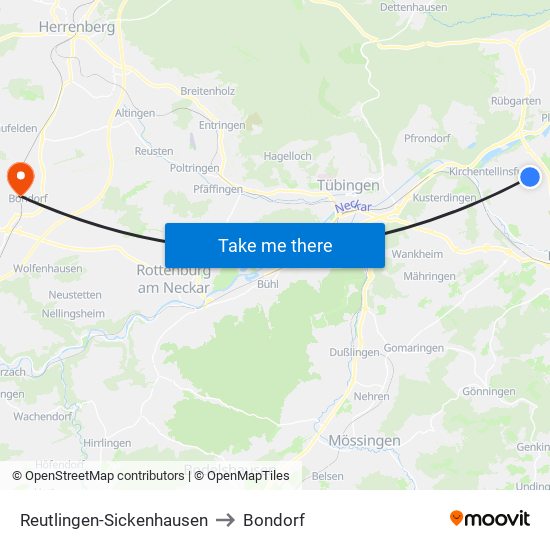 Reutlingen-Sickenhausen to Bondorf map