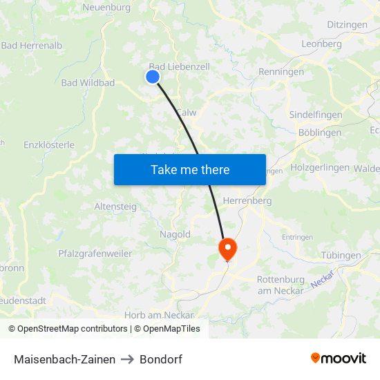 Maisenbach-Zainen to Bondorf map