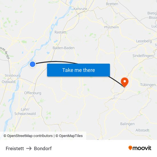 Freistett to Bondorf map