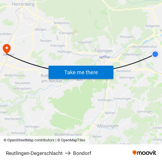 Reutlingen-Degerschlacht to Bondorf map