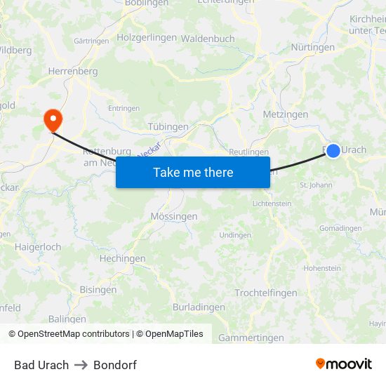 Bad Urach to Bondorf map
