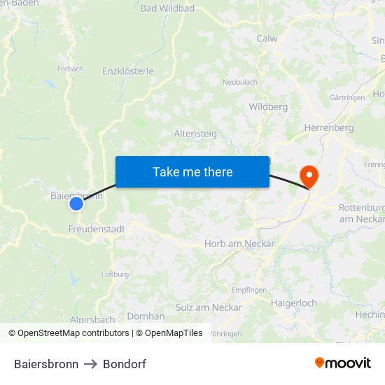 Baiersbronn to Bondorf map
