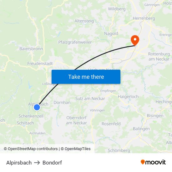 Alpirsbach to Bondorf map
