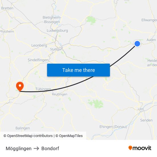 Mögglingen to Bondorf map