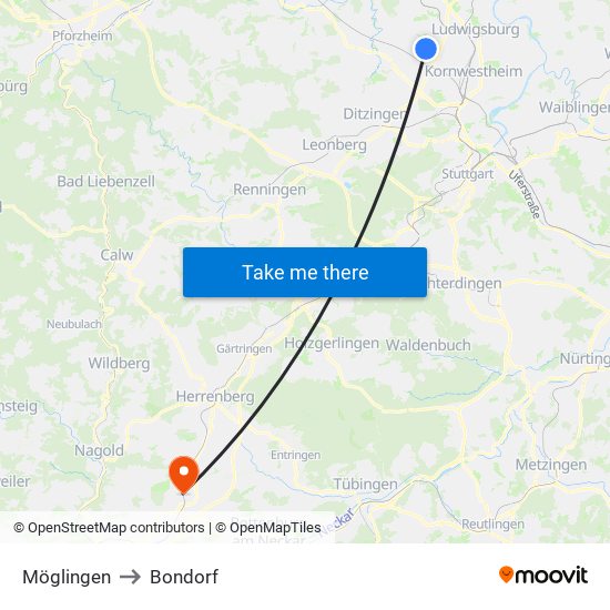 Möglingen to Bondorf map
